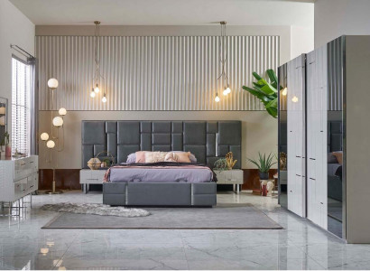 Bed frame bedroom double bed gray wood set 6-piece wardrobe